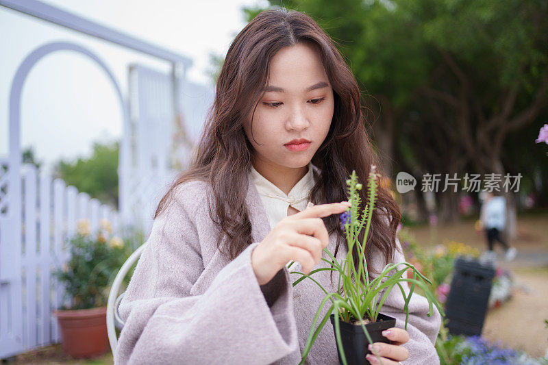 欣赏盆栽植物的亚洲妇女