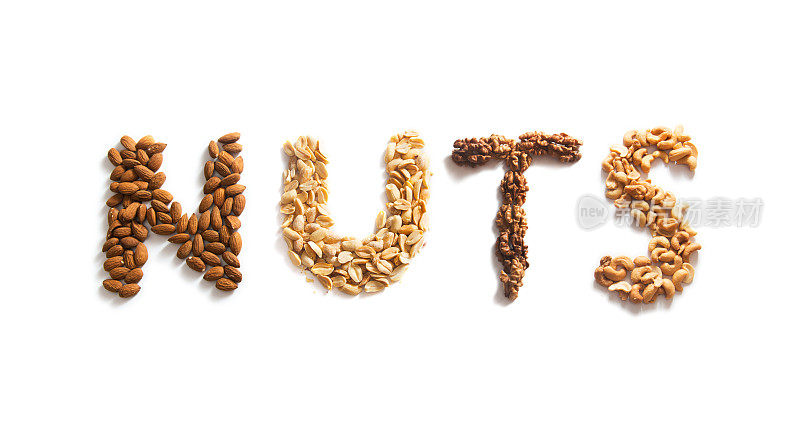 单词NUTS由不同的坚果拼成，孤立在白色背景上