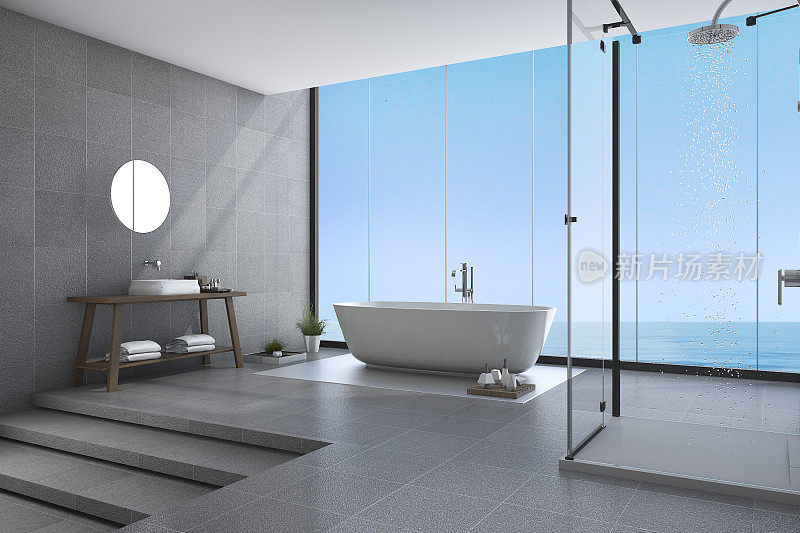 3d渲染美丽的步骤现代浴室靠近海景