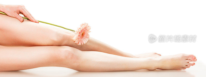 美丽修长的女性腿与花
