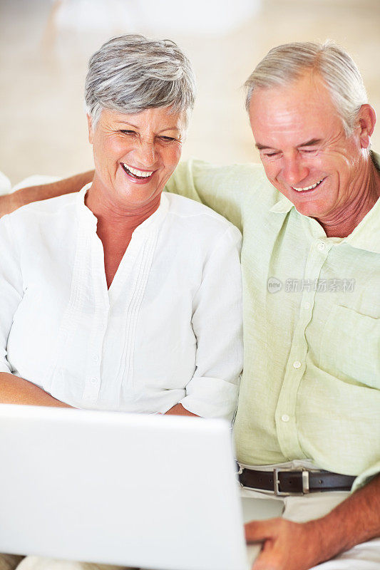 幸福的老年夫妇在家里使用笔记本电脑