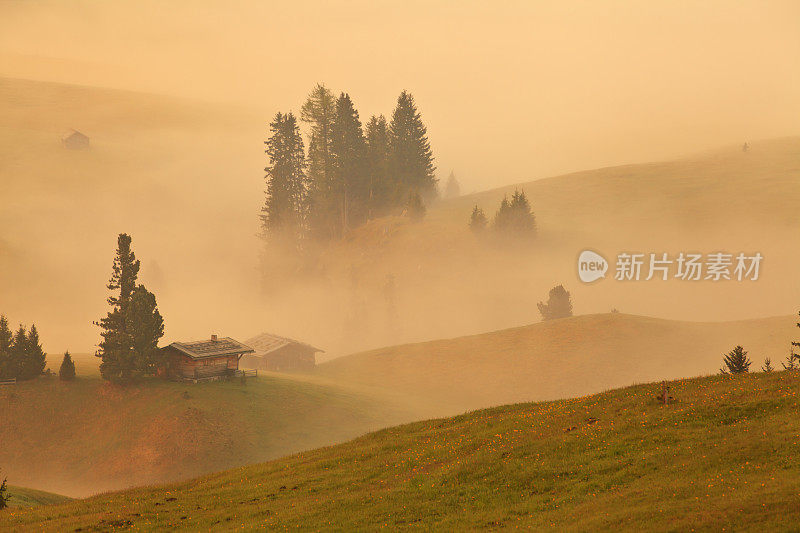 黎明时分，埃尔佩在吹口哨的Dolomiti，群山在雾中起伏。