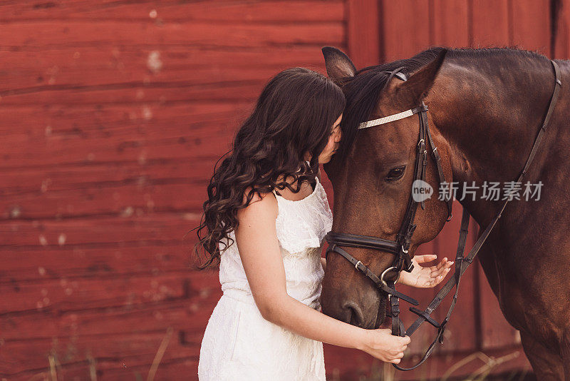 年轻的女孩和她的马在夏天的户外
