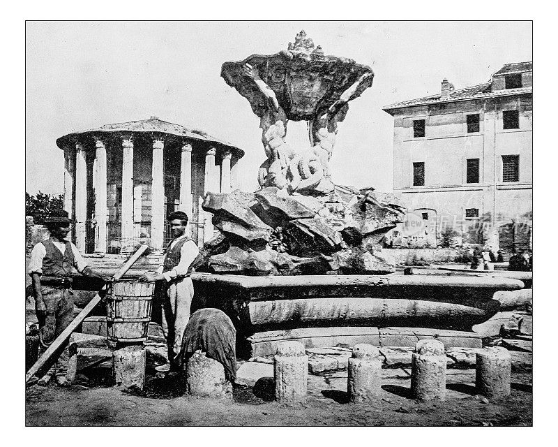 特里顿喷泉的古董照片-赫拉克勒斯神庙(罗马，意大利)-19世纪