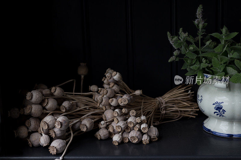 用干罂粟做的花园装饰