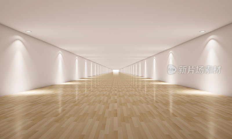 空的白色墙壁与聚光灯和木地板