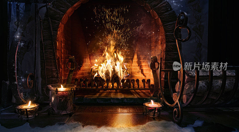 浪漫的背景。魔法燃烧的壁炉。