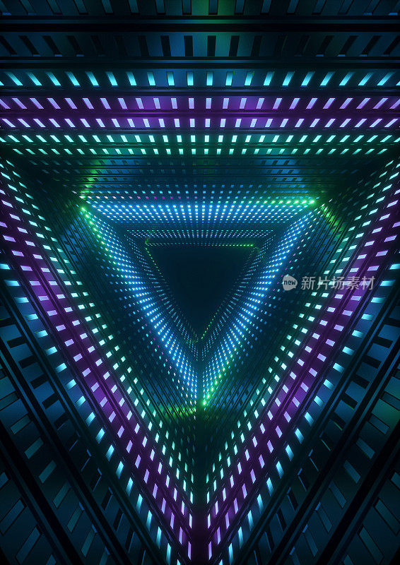 3d渲染，蓝色霓虹灯，三角形隧道，抽象几何背景