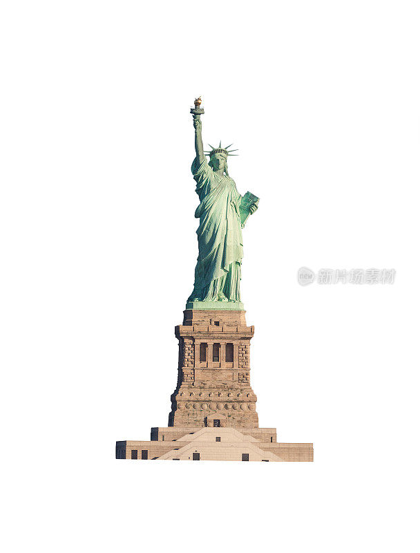 自由女神像被晨光照亮，孤立在纽约市的白色。
