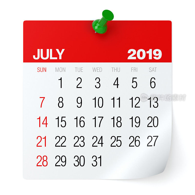 2019年7月-日历。