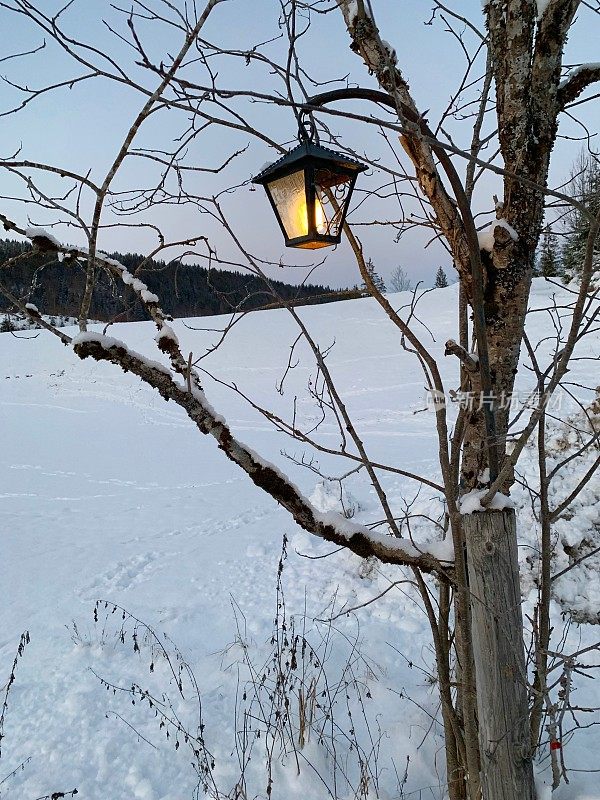 雪中照亮乡村街灯