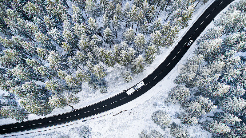 穿越冬季森林的道路-鸟瞰图