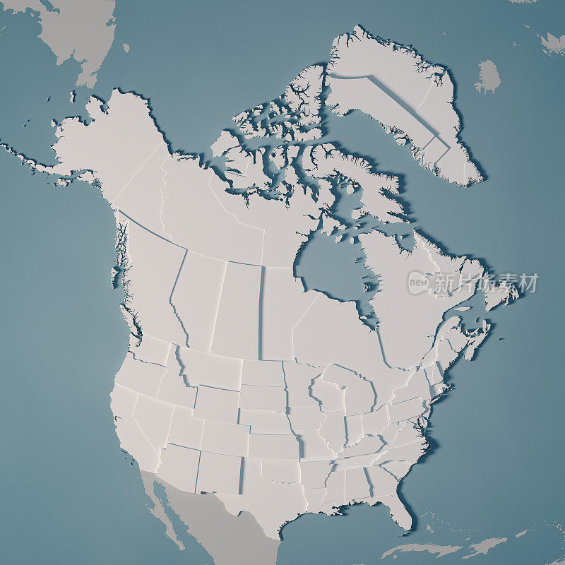 北美国家地图行政区划3D渲染