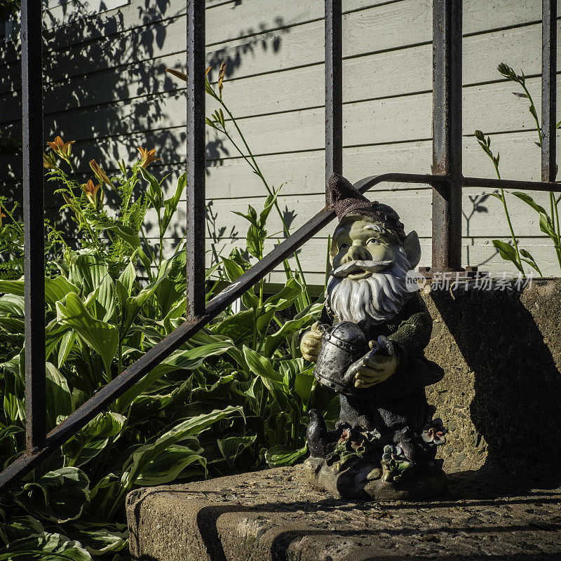 在加拿大夏洛特镇市中心的一所房子的入口处，一个侏儒花园侏儒