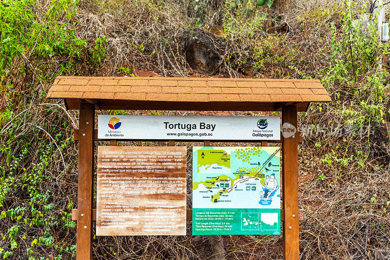 木制招牌，上面有关于托尔图加湾，圣克鲁斯岛-阿约拉港，加拉帕戈斯岛的信息。