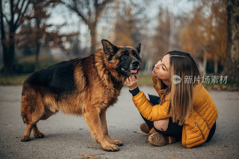 年轻女子和德国牧羊犬在公园里玩