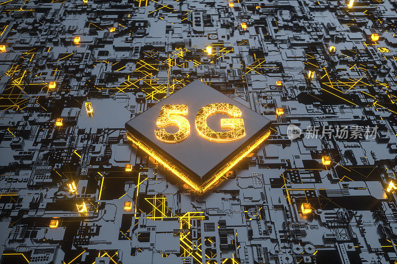 5g和AI概念:数字互联、人工智能和数据存储概念。现代电子线路板