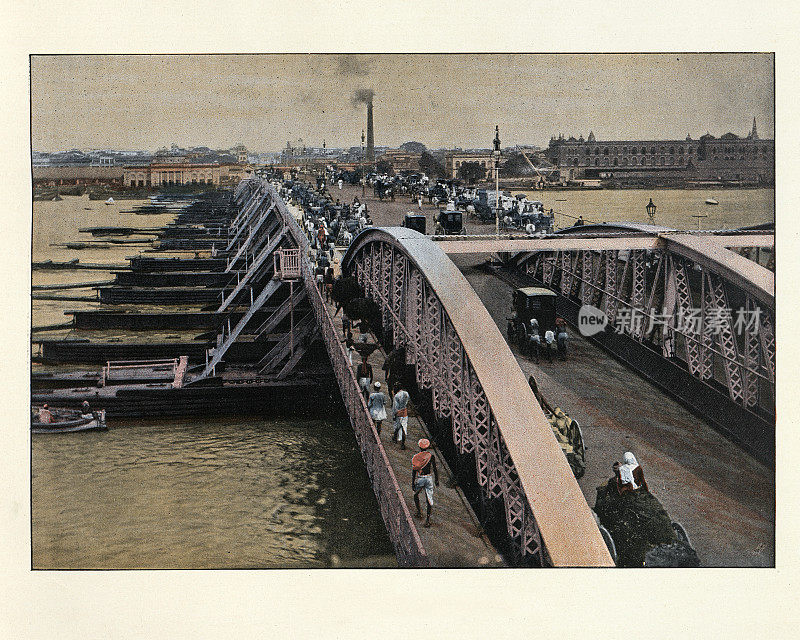 印度加尔各答胡格利河上的桥，19世纪，彩色照片