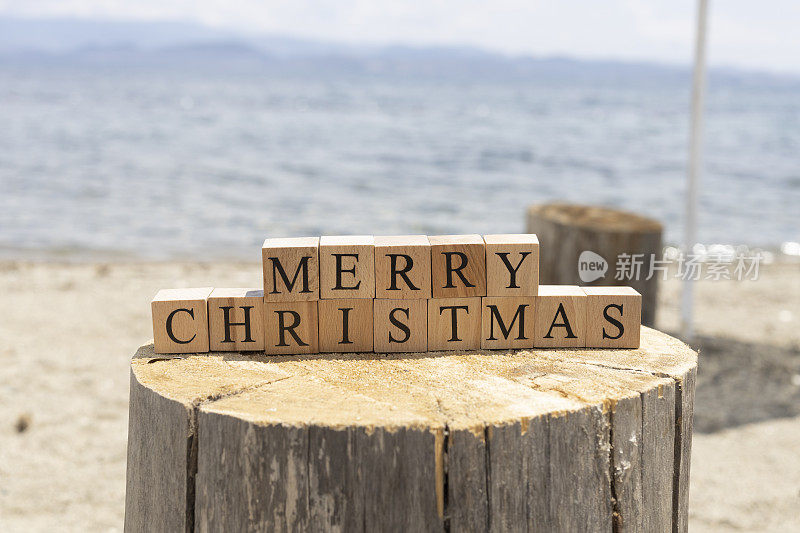 圣诞快乐，木头方块上的文字。小方块在树桩上。