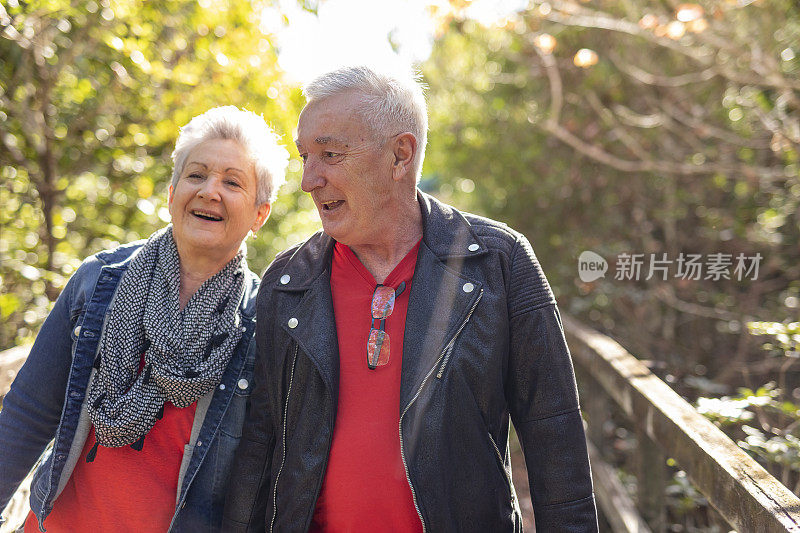 快乐的老夫妇在森林里走过一座木桥