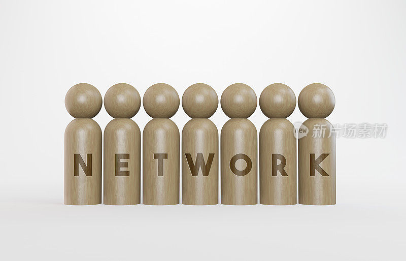 3D木兵并排组成单词网络。商业和团队合作的理念。