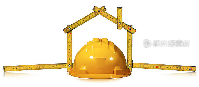 房子形状的折尺和黄色工作头盔