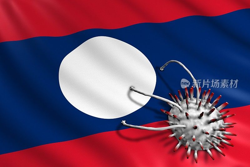 新冠病毒攻击老挝国旗。大流行性冠状病毒概念