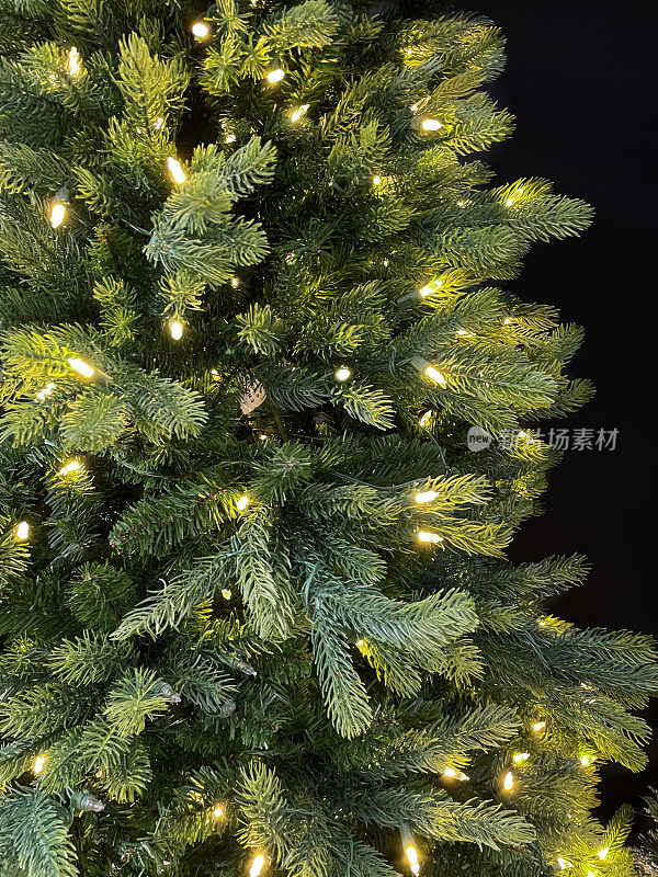 人造云杉圣诞树的图像，塑料针装饰着松果和白色的，发光的精灵灯，黑色的背景