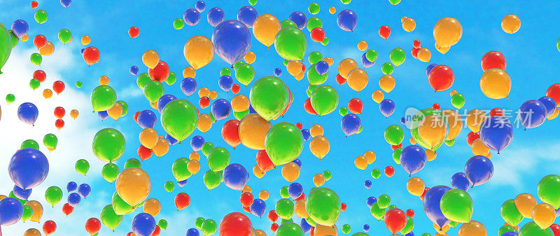 一大群五颜六色的气球飞上蓝天。广泛的水平组合。