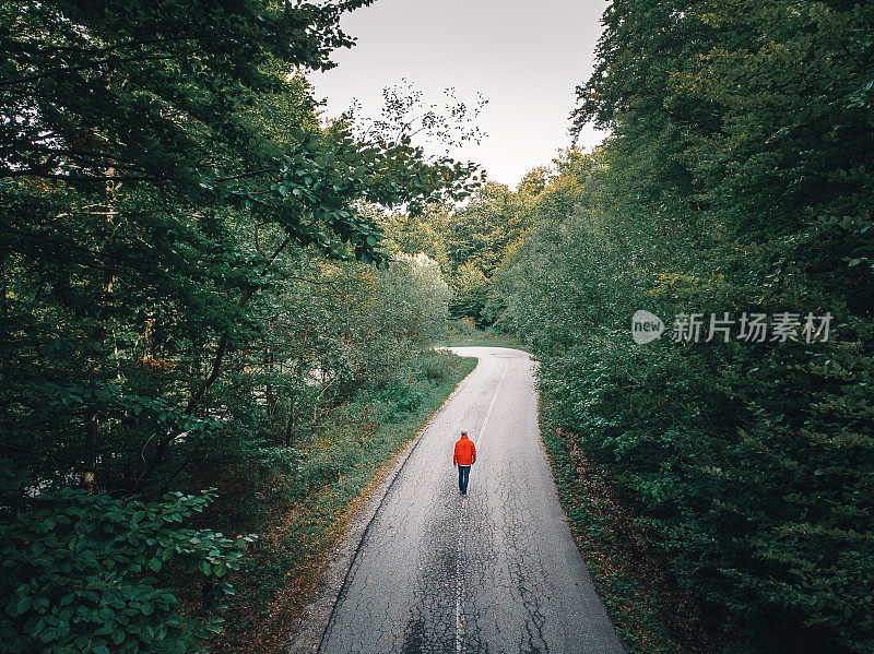 一个人独自行走在乡村小路上，俯瞰着绿色的森林景观