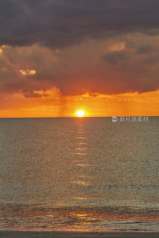 在美国佛罗里达州清水湾的沙基海滩充满活力的日落