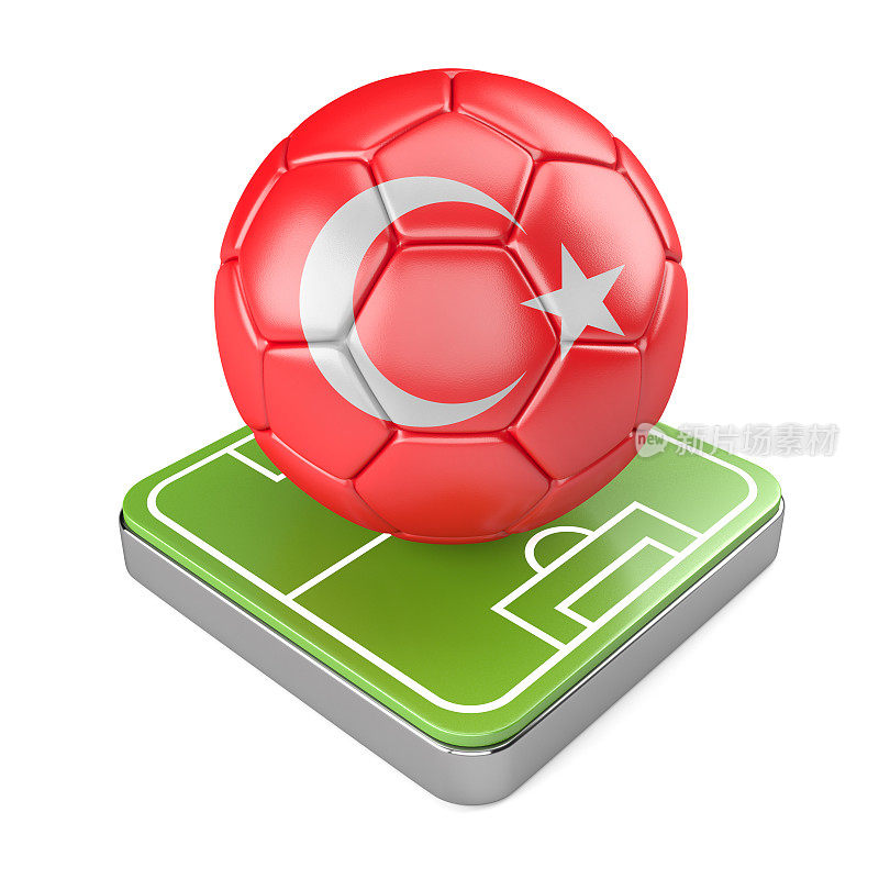 带有土耳其国旗和足球场的足球图标。3D插图