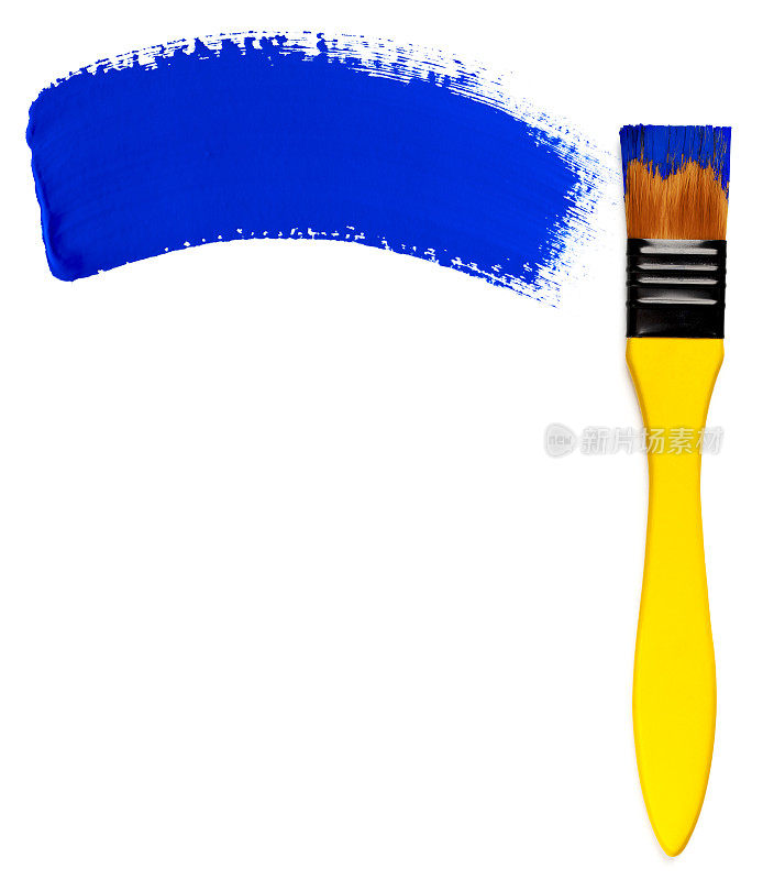 带有蓝色油漆笔触的画笔(隔离在白色上)