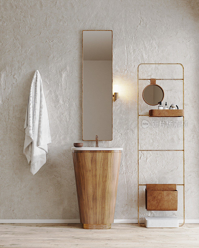 浴室内部装饰石膏墙，木制家具，镜子与水槽，装饰梯子，3d渲染