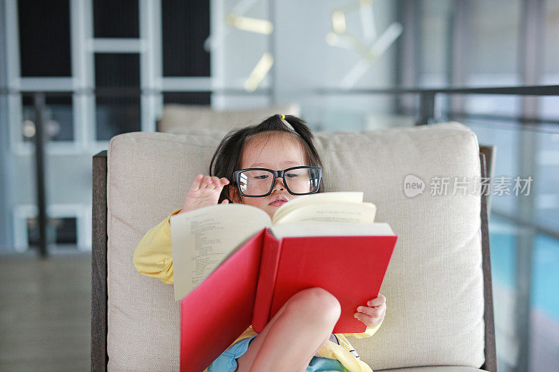 带眼镜的小女孩在图书馆看书，教育理念。
