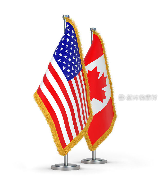 带有金色流苏的美国和加拿大国旗