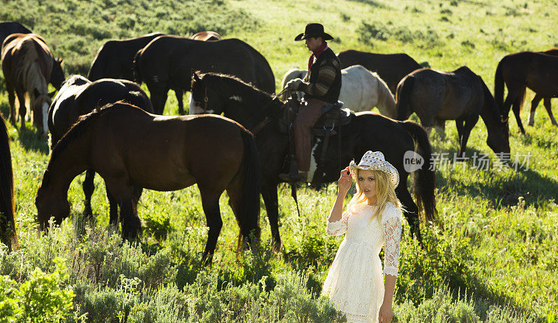 牛仔:牧场上的年轻女子。马群正在吃草。西方。