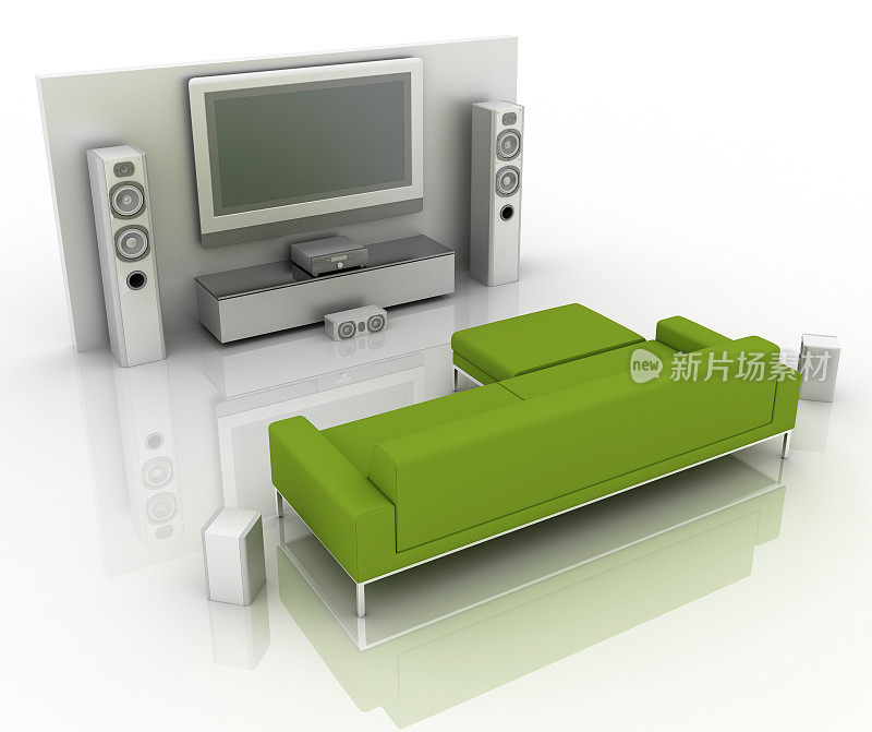 经典家庭影院系统和绿色沙发(ON-WHITE)