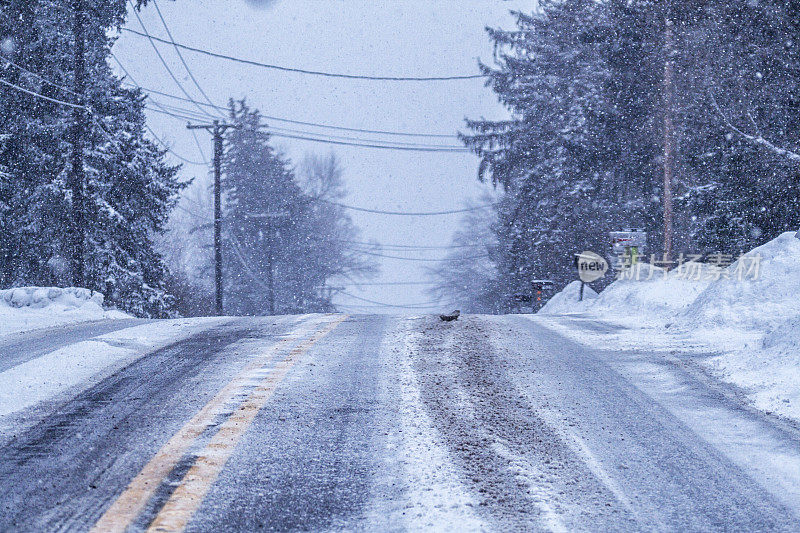 汽车司机POV滑暴风雪雪乡村公路希尔克雷斯特