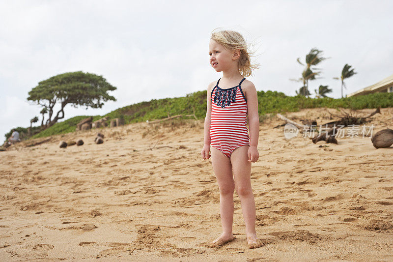 美丽的小女孩在沙滩上欣赏风景