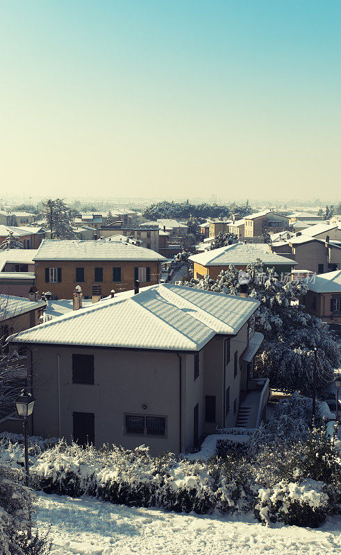 冬季全景，屋顶被雪覆盖的房屋