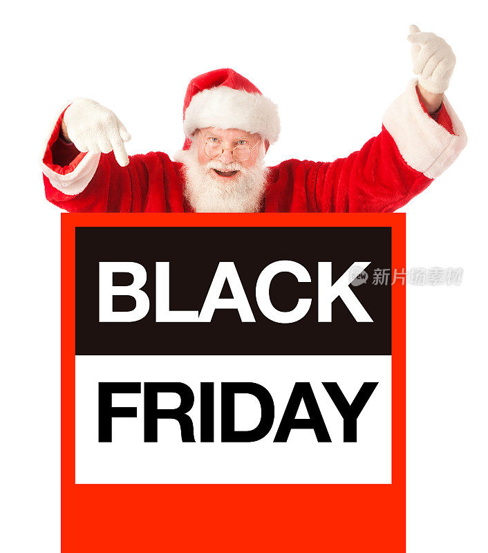 黑色星期五购物标志与圣诞老人，白色背景