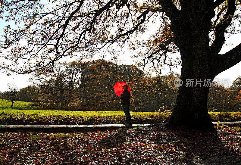 成熟的女人走在雨中