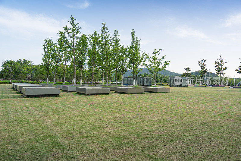 绿色草坪映衬着天空的现代办公大楼