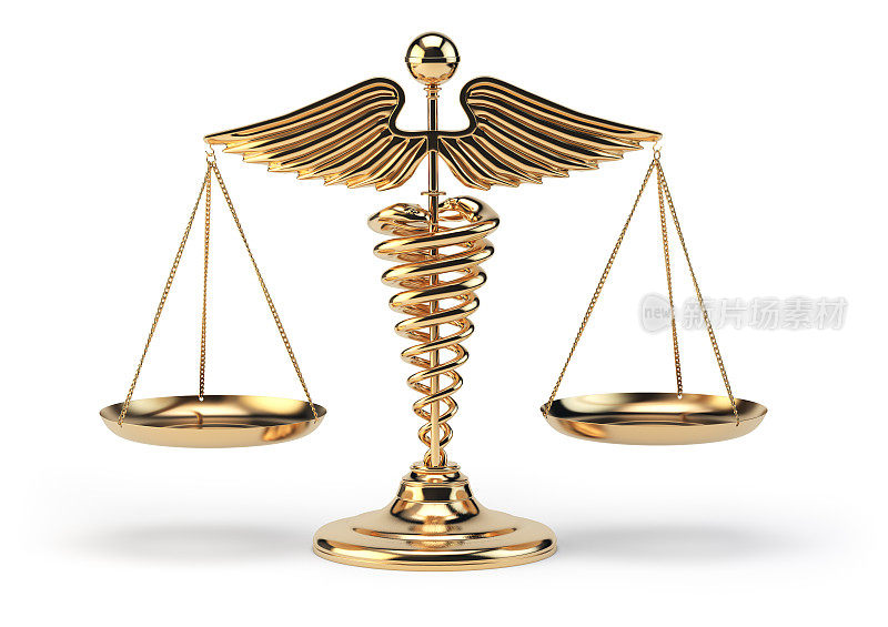 医学杖象鳞片。医学和正义的概念。