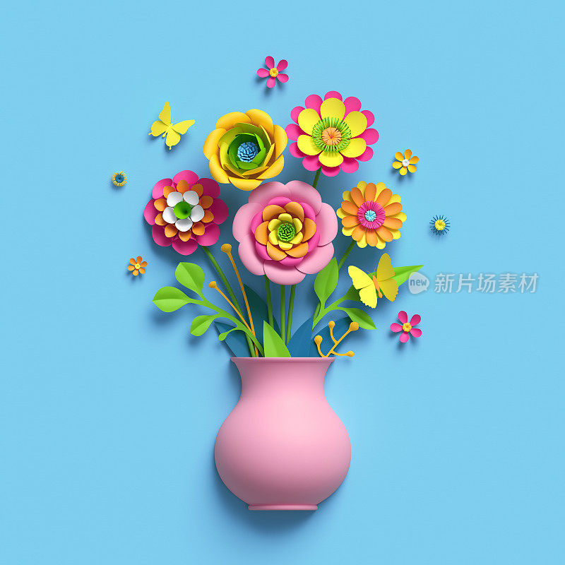 3d渲染，工艺纸花，粉红色花瓶，花束，植物安排，明亮的糖果颜色，自然剪辑艺术孤立在天蓝色的背景，贺卡模板