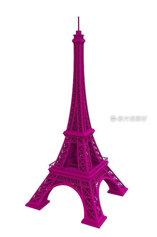 白色背景上的粉色埃菲尔铁塔，3D渲染