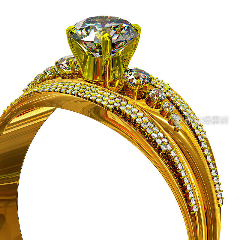 一枚镶有珠宝宝石的订婚金戒指。