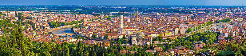 维罗纳古城中心和阿迪杰河航拍全景，意大利威尼托地区