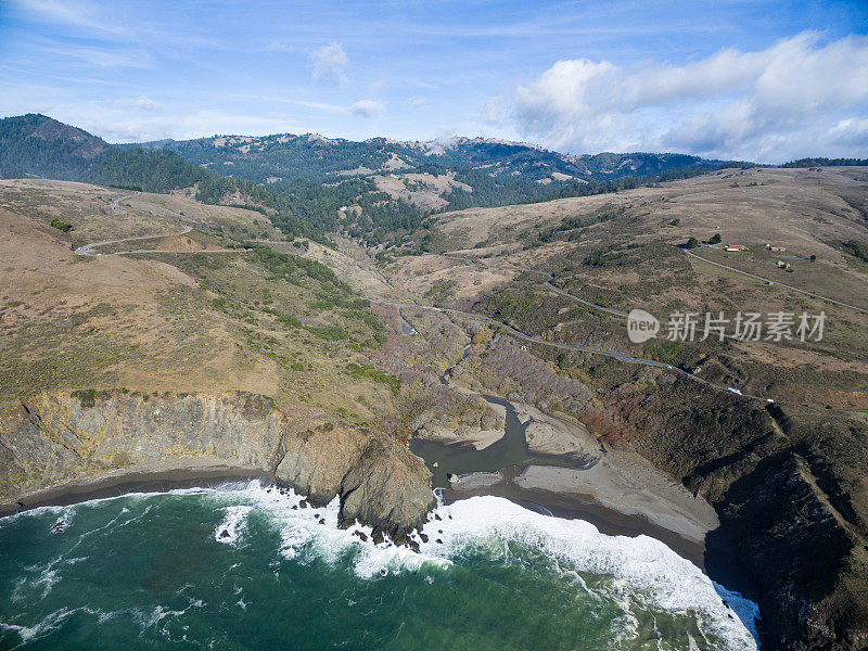 海洋高速公路:海岸无人机俯瞰太平洋海景:北加州